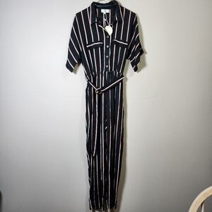 Earth angel striped wide leg jumpsuit with belt color black size small